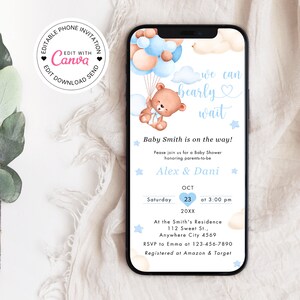 We Can Bearly Wait Boy Baby Shower Invitation for Phone, Teddy Bear Electronic Invite Template, Blue Balloons Shower Paperless Invitation
