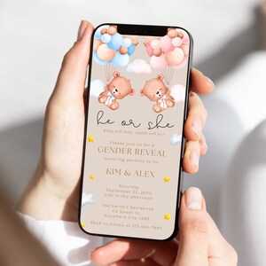 Bear Gender Reveal Evite Teddy Bear Digital Invitation Gender Reveal, Electronic Gender Reveal for Phone, He or She Editable Template