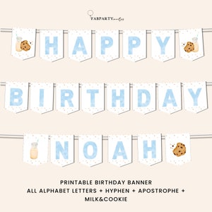Blue Watercolor Happy Birthday Banner, Milk and Cookies Birthday Decoration, Printable Baby Name Banner, Cookie One Boy Birthday Decor