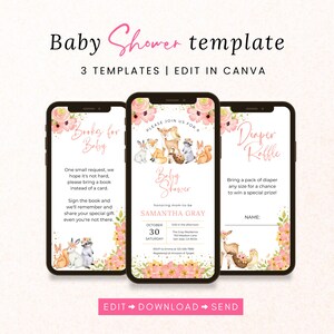 Woodland Baby Shower Invitation, Baby Shower Evite Template, Books for Baby, Diaper Raffle, Forest Animals Digital Invitation, Canva Invite
