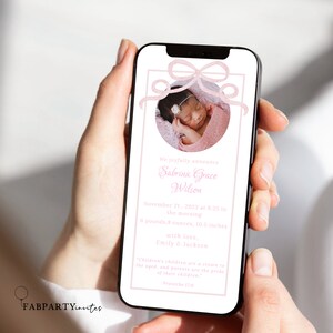 Electronic Newborn Announcement with Photo, Pink Bow Birth Announcement Digital Card, Baby Girl News Ecard Template, Editable Announce Card