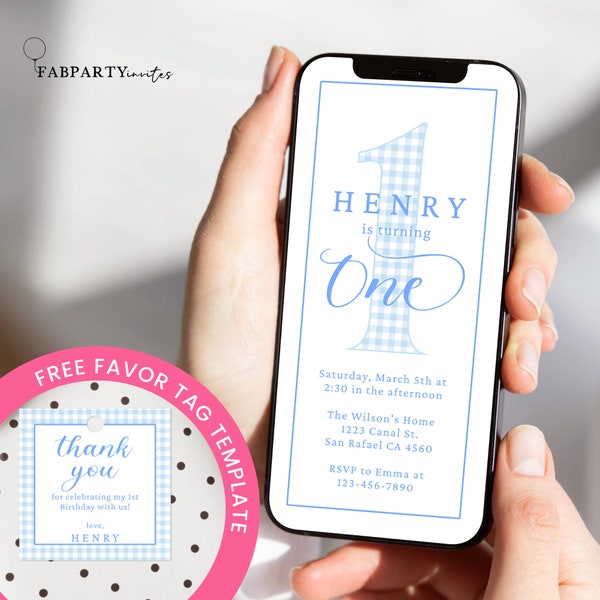 Classic Blue First Birthday Electronic Invitation, Boy 1st Birthday Phone Invite, Blue Gingham One Evite, Editable Mobile SMS Invitation