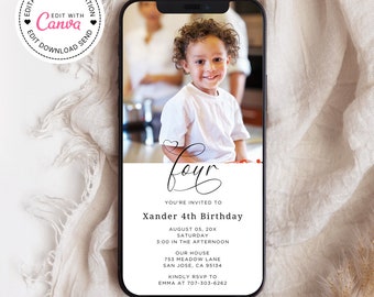 Minimalist 4th Birthday Evite Template: Editable Mobile Invitation (Canva)