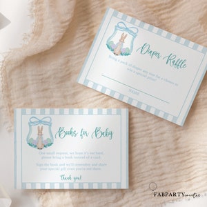 Carte Peter Rabbit bleu livres pour bébé, carte de tombola bleu couches aquarelle, faire-part rayures, modèle de carte de demande livre bébé
