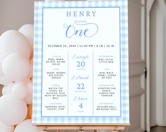 Milestone Sign First Birthday Boy, Blue Gingham Milestone Board Template, 1st Birthday Party Decor, Baby Boy Milestone Poster Editable