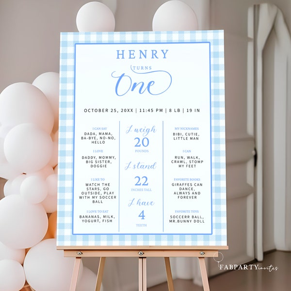 Milestone Sign First Birthday Boy, Blue Gingham Milestone Board Template, 1st Birthday Party Decor, Baby Boy Milestone Poster Editable