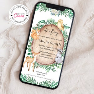 Woodland Baby Shower Evite, Forest Animals Evite Template, It&#39;s a Boy Baby Shower Digital Invitation, Editable Baby Shower Invitation, Canva