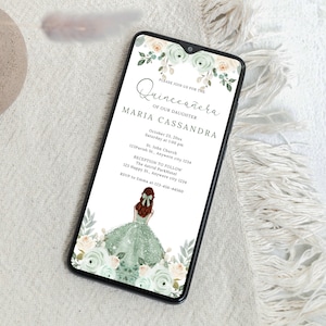 Quinceanera elektronische Einladung, Sage quinceanera Evite, Salbei Floral digitale Einladung, bearbeitbare Canva Einladung, Evite Vorlage, Text