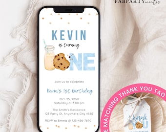 Milk and Cookie 1st Birthday Invitation for Phone, Cookie One Birthday Evite, First Birthday Digital Invitation, 1st Birthday Evite
