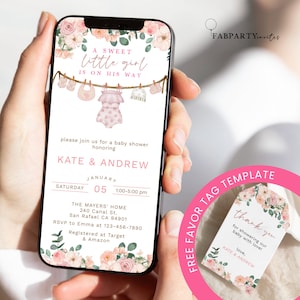 Girl Baby Clothes Baby Shower Electronic Invitation, A sweet Little Girl is on her way Phone Invite, Laundry Pink Floral Boho baby Template