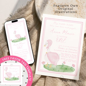 Watercolor Mother Goose Invitation Set, Nursery Rhyme Evite, Girl First Birthday Invitation, Hey Diddle Diddle Printable Invite, Text Invite