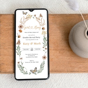 Fall Gender Reveal Electronic Invitation, Wildflowers Gender Reveal Evite, Girl or Boy Digital Invitation, He or She Mobile Invite, Canva
