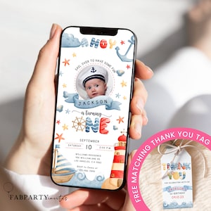 Nautical 1st Birthday Electronic Invitation, Sailor First Bday Evite, Editable One Birthday Invitation, Phone Invite, Thank You Tag Template