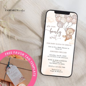 Teddy Bear Baby Shower Invitation for Phone Template, We Can Bearly Wait Baby Shower Invite, Bear with Balloons Baby Shower Gender Neutral