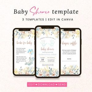 Boy Baby Shower Digital Invitation, Blue Floral Baby Shower Evite, Blue Handprint Electronic Invite, Editable Invitation, Canva Template