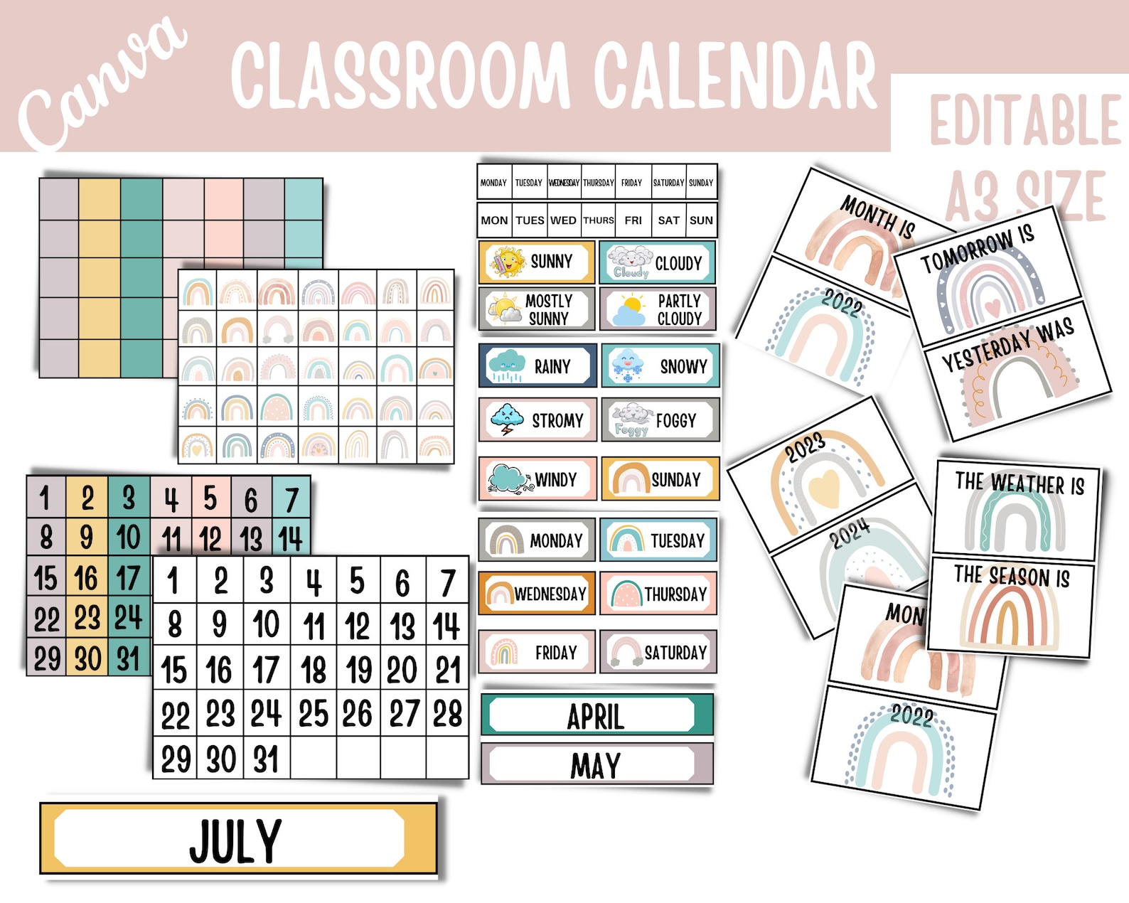 Boho Rainbow Classroom Calendar Display Editable Classroom Etsy