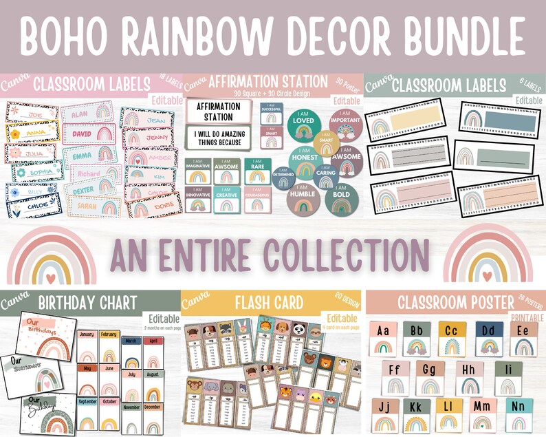 Boho Rainbow Classroom Decor Bundle Editable Classroom Etsy