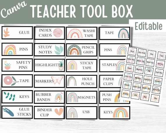 Boho Rainbow Teacher Toolbox Labels Editable Teacher - Etsy