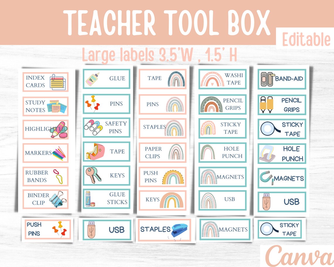 Boho Rainbow Teacher Toolbox Labels Editable Teacher Etsy