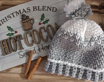 Pattern Crochet Cozy Grey and Snowy White Winter Hat