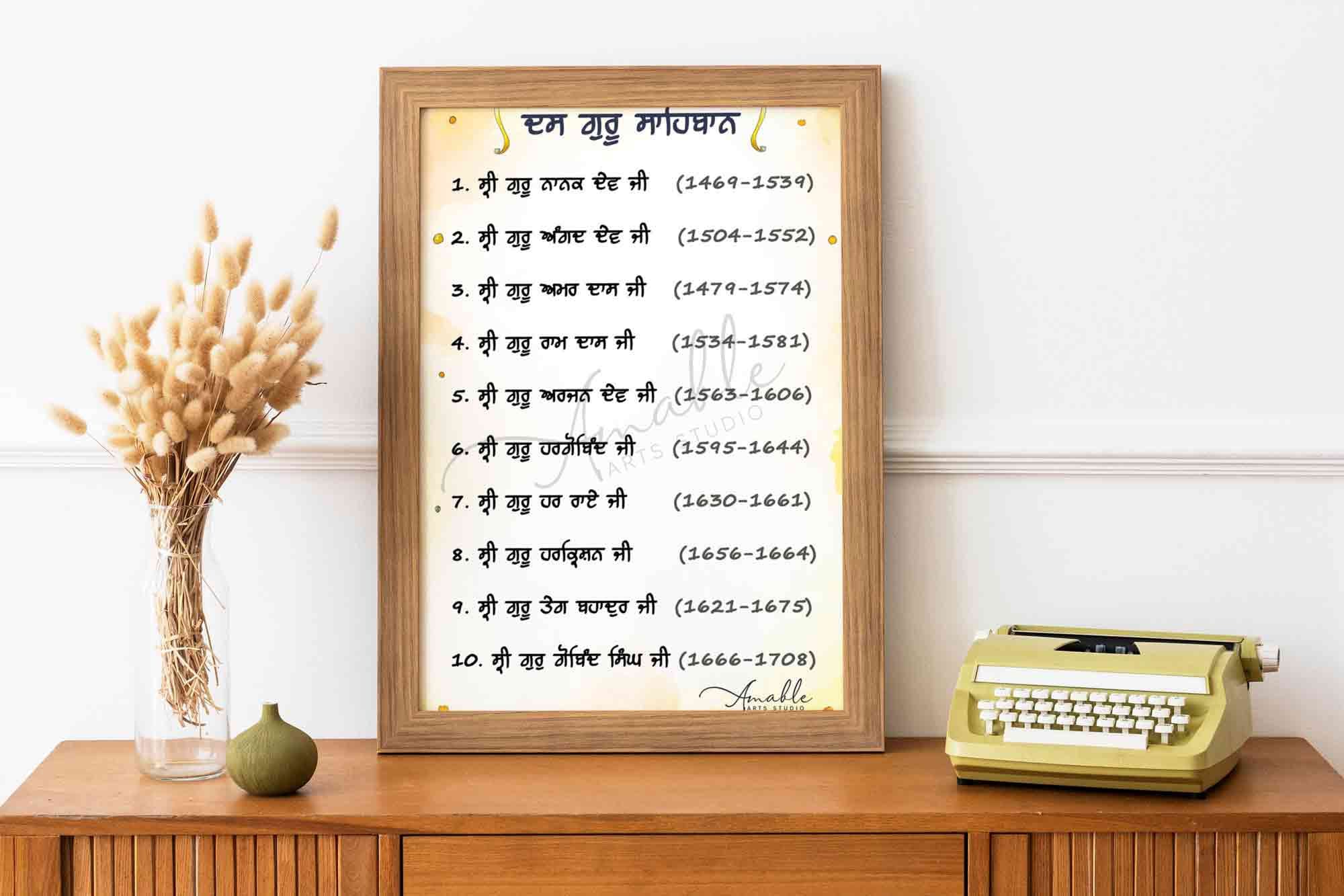 Ten Sikh Guru Names Poster 10 Sikh Guru Sahib Names I Gurbani Wall Art