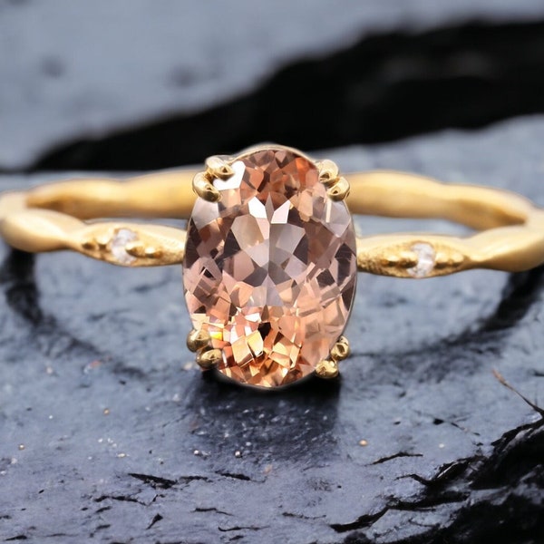 Bague de fiançailles en pierre précieuse ovale avec saphir Padparadscha de Ceylan, bague de fiançailles en diamant, couleur fine, lustre, bijoux de promesse, cadeau d'anniversaire personnalisé pour elle