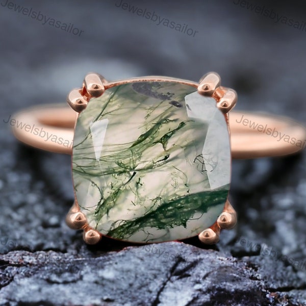 Cushion Cut Moss Agate Ring Solitaire Customized Ring Green Agate Engagement Ring 925 Silver Jewelry Gift For Husband Personalized Rings