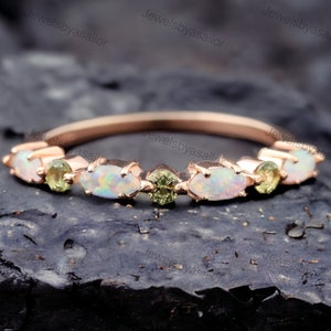 Unique Marquise Peridot Wedding Band Stacking Matching Wedding Band Rose Gold Marquise Opal Ring Birthday Gift Birthstone Jewelry For Women