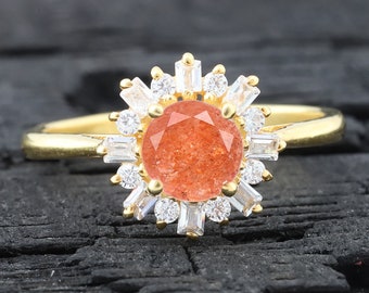 Orange Sunstone Gemstone Promise Ring Statement Halo Diamond Ring Baguette Cut Ring Minimalist Bridesmaid Jewelry Personalized Birthday Gift