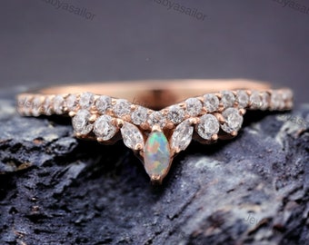 Marquise Opal Diamond Wedding Band Matching Stacking Ring 18k Rose Gold Half Eternity Band V Chevron Ring Art deco Bridal Promise Gift Band
