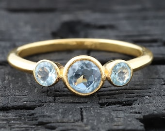 Blue Aquamarine Three Gemstone Ring Bezel Set Promise Ring March Birthstone 14k Gold Bridesmaid Unique Jewelry Personalized Gift For Her
