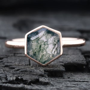 Hexagon Moss Agate Ring, Solitaire Bezel Set Vintage Natural Green Moss Agate Handmade Wedding Ring, Promise Statement Ring Birthday Gift