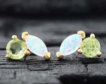 Marquise White Opal Studs Earrings Floral Art Deco Women 2Pcs Set Earring Gold Plated Peridot Small Studs Minimalist Earrings Gift for Her