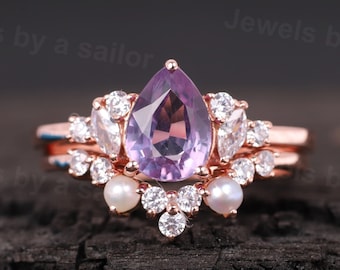 Vintage Alexandrite Engagement Ring Set Moissanite Crown Pearl & Diamond Band Color Changing Stone Ring Girl Matching Band Bridal Ring Set