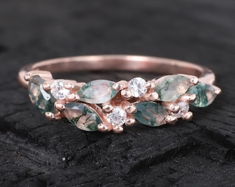 Moss Agate Cluster Wedding Band Bridal Moissanite Ring Promise Anniversary Matching Ring Unique Jewelry Half Eternity Band Gift For Love