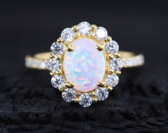 White Fire Opal Engagement Ring Art Deco Oval Cut Gemstone Ring Vintage Inspired Diamond Halo Ring Women Gold Jewelry Gift For Girlfriend