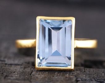 Vintage Aquamarine Wedding Ring Bezel Set Bridal Anniversary Jewelry Solitaire Emerald Cut Gemstone Ring March Birthstone Gift For Husband