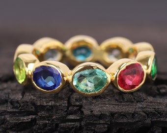 18K Yellow Gold Multi Sapphire Ring Colorful Gemstone Wedding Band Full Eternity Band Minimalist Band Unique Rainbow Band Anniversary Gift