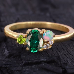 14k Solid Gold Emerald Cluster Ring Multi Stone Opal Peridot Ring Dainty Emerald Wedding Jewelry Art Deco Promise Ring Anniversary Gift Ring