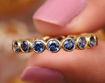 Blue Sapphire Eternity Band Women Engagement Matching Band Handmade Stacking Bridesmaid Jewelry Anniversary Gift For Her 14k Solid Gold Ring