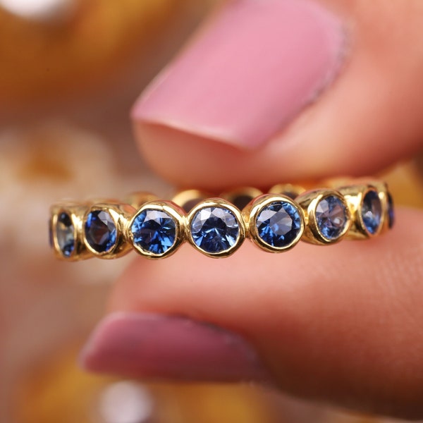 Blue Sapphire Eternity Band Women Engagement Matching Band Handmade Stacking Bridesmaid Jewelry Anniversary Gift For Her 14k Solid Gold Ring