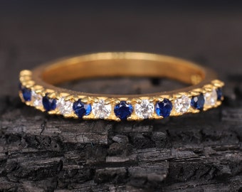 Fede nuziale con diamanti e zaffiro blu, delicata fascia abbinata impilabile, in argento 925, damigella d'onore, gioielli in oro, anello personalizzato personalizzato, regalo per la mamma