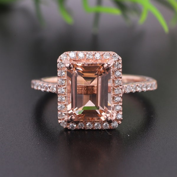 14k Gold Morganite Engagement Ring Crystal Promise Elegant Jewelry Solitaire Diamond Halo Ring Emerald Cut Ring Personalized Gift For Love