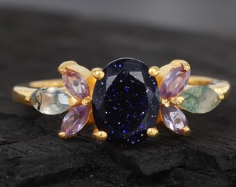 Anello con pietra preziosa naturale, agata di muschio, anello di fidanzamento classico in pietra arenaria, anello con più pietre preziose, alessandrite, gioielli da donna, regali personalizzati