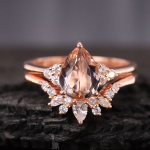 Pear Morganite Engagement Ring Set Stacking Matching Band Teardrop Cluster Morganite Ring Anniversary Gifts Jewelry 14K Rose Gold Bridal Set