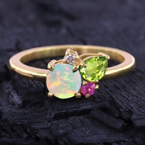 Fire Opal Stacking Ring 14k Gold Peridot Engagement Ring Personalized Gift for Birthday Art Deco Moissanite Wedding Band Dainty Cluster Ring