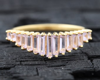 Baguette Cut Pink Sapphire Half Eternity Wedding Band 14K Solid Gold Stacking Band Minimalist Engagement Crown Band Birthday Gift For Wife