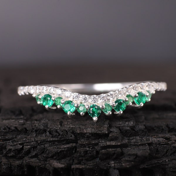 Half Eternity Band Green Emerald And Wedding Diamond Band 925 Sterling Silver Ring Curved Band May birthstone Gemstone Matching Band