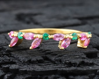 Vintage Pink Ruby Wedding Band Unique Women Bridal Promise Ring Round Emerald Gemstone half Eternity Band Stacking Jewelry Anniversary Gift