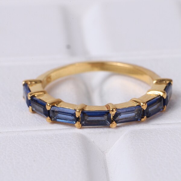 Baguette Sapphire Wedding Band, September Birthstone 14k Yellow Gold Band, Half Eternity Bridal Jewelry Matching Thin Band, Anniversary Gift